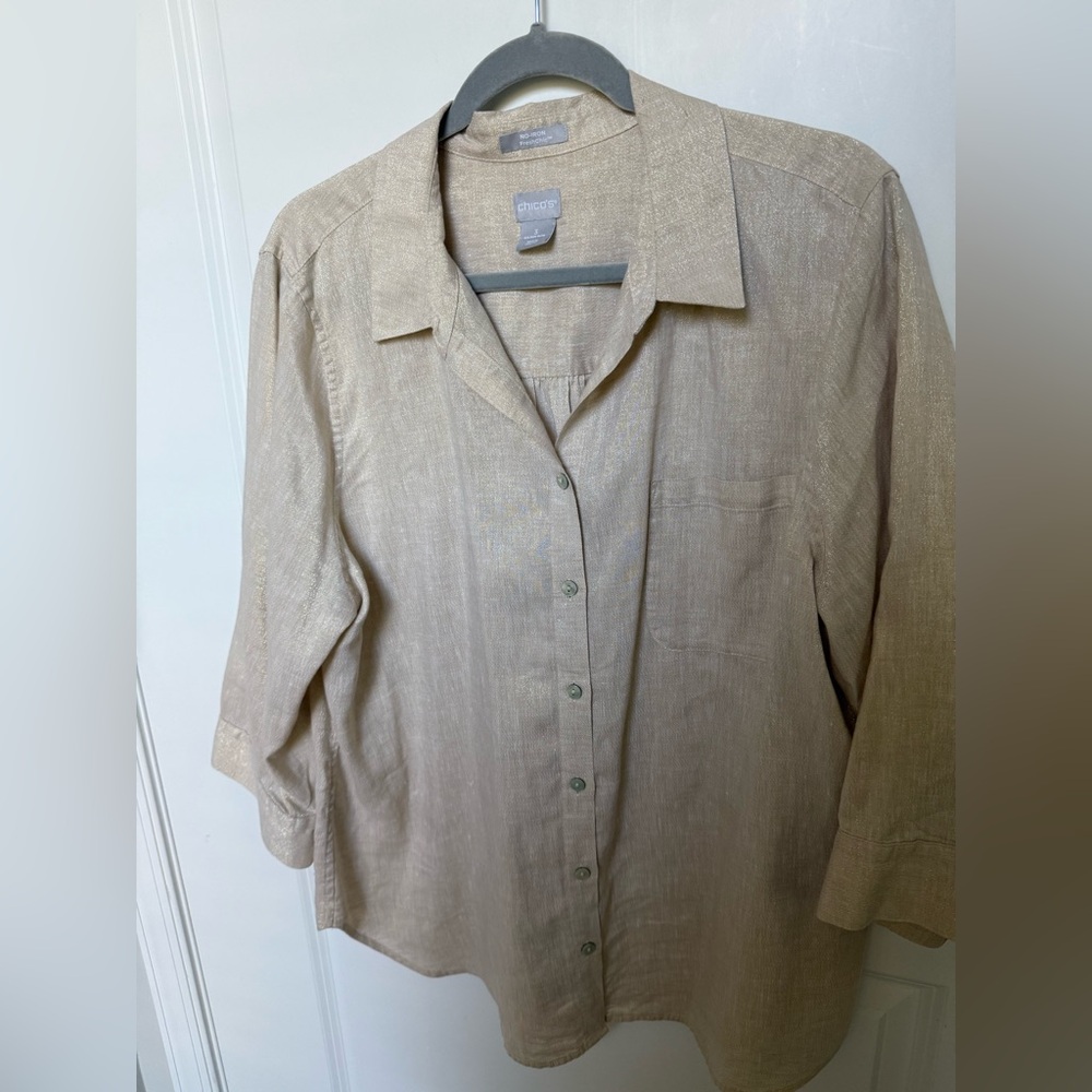 Chico's Linen Tan Gold Button-Up Blouse size 3